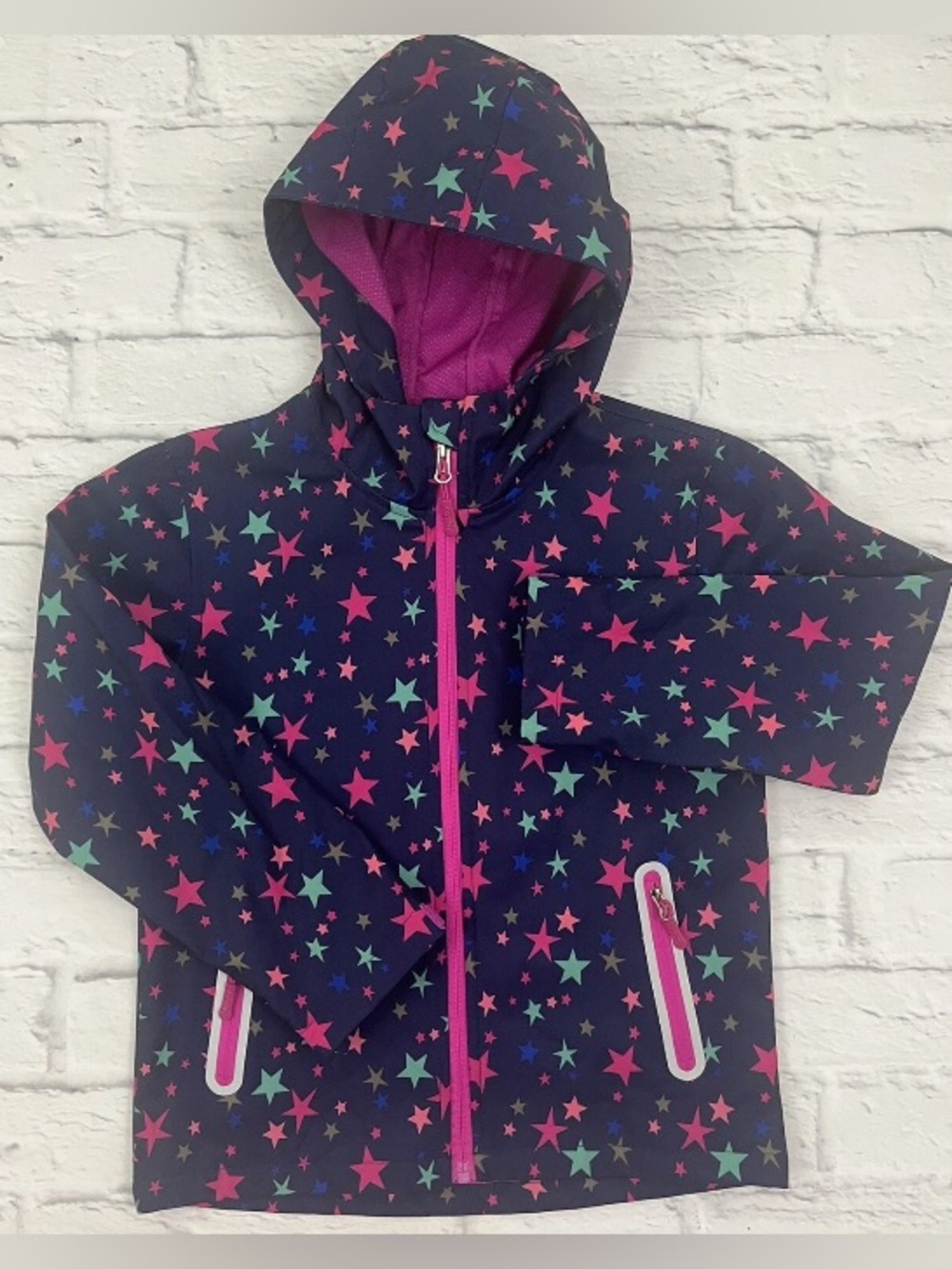 Top & Sky Hooded Rain Coat Girls Size Medium Cosmic Colorful Stars Jersey Lined